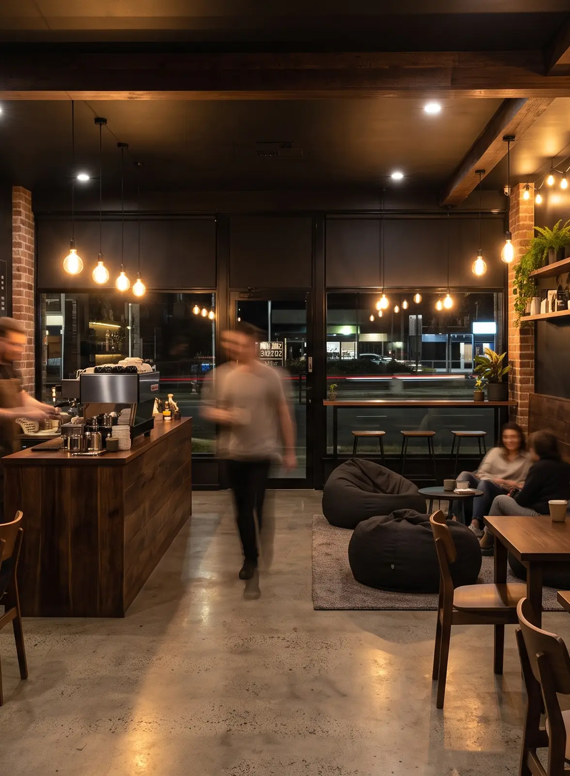 A dimly lit café with timber counters and bean bags, a figure blurred in motion
