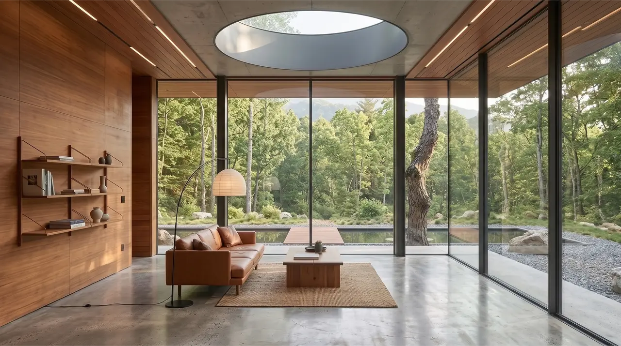 Timber-lined living room with a leather sofa and floor-to-ceiling glass looking onto a forest