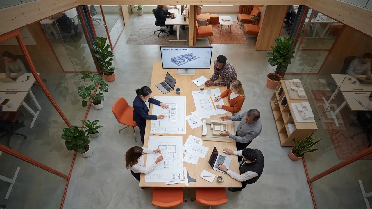 Architects gathered around a long table of drawings and a building model in a bright studio