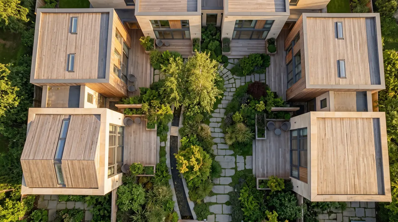 Aerial view of the timber-clad homes gathered around the planted courtyard