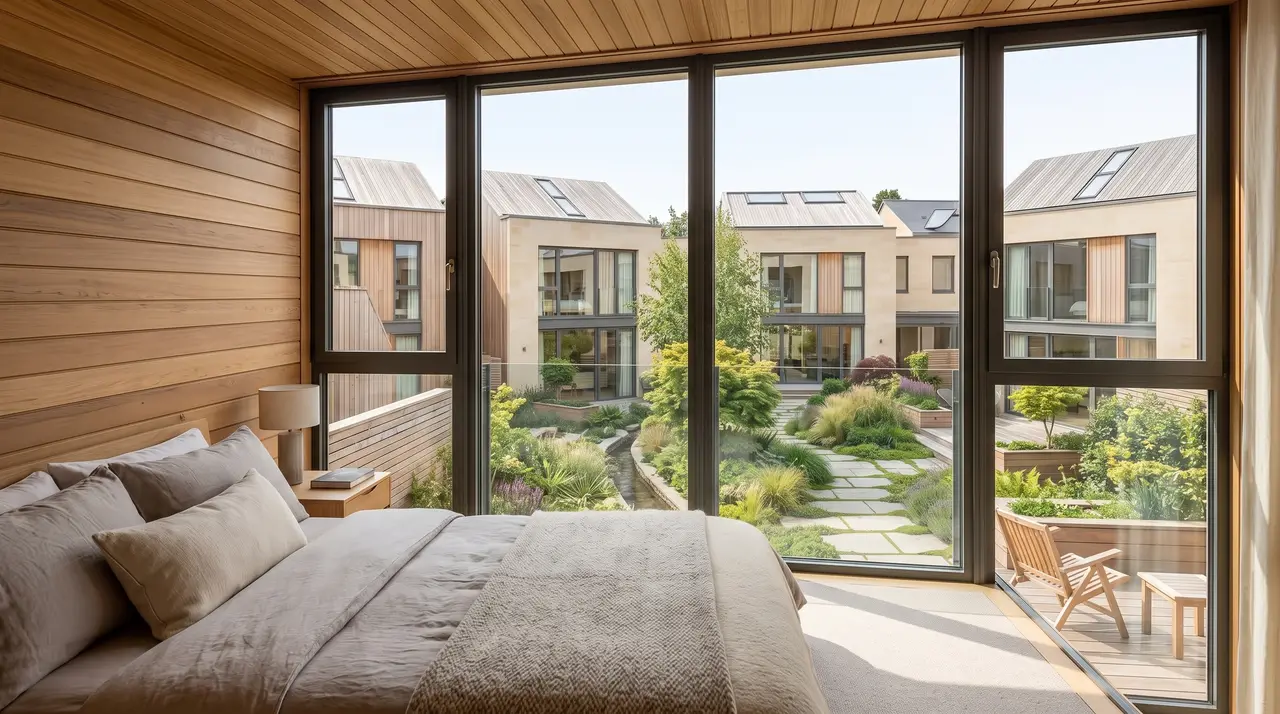 A bedroom looking out over the shared courtyard through full-height glazing