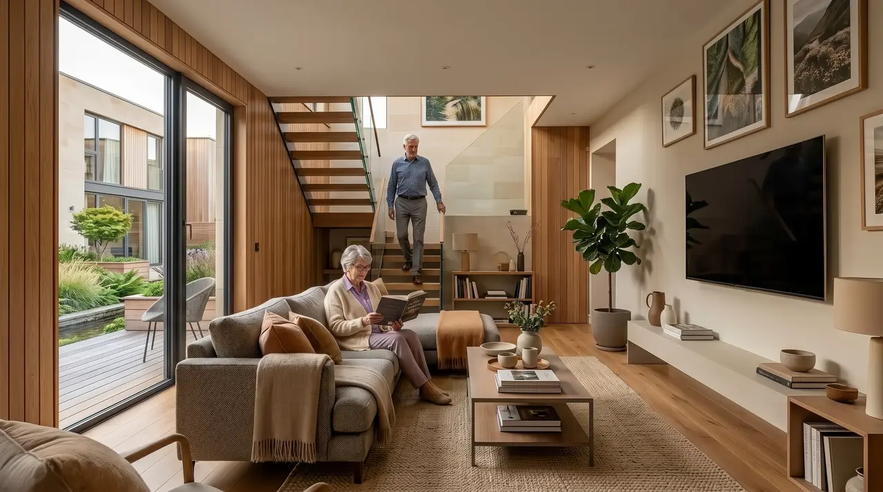 Residents in a living room that opens onto the courtyard