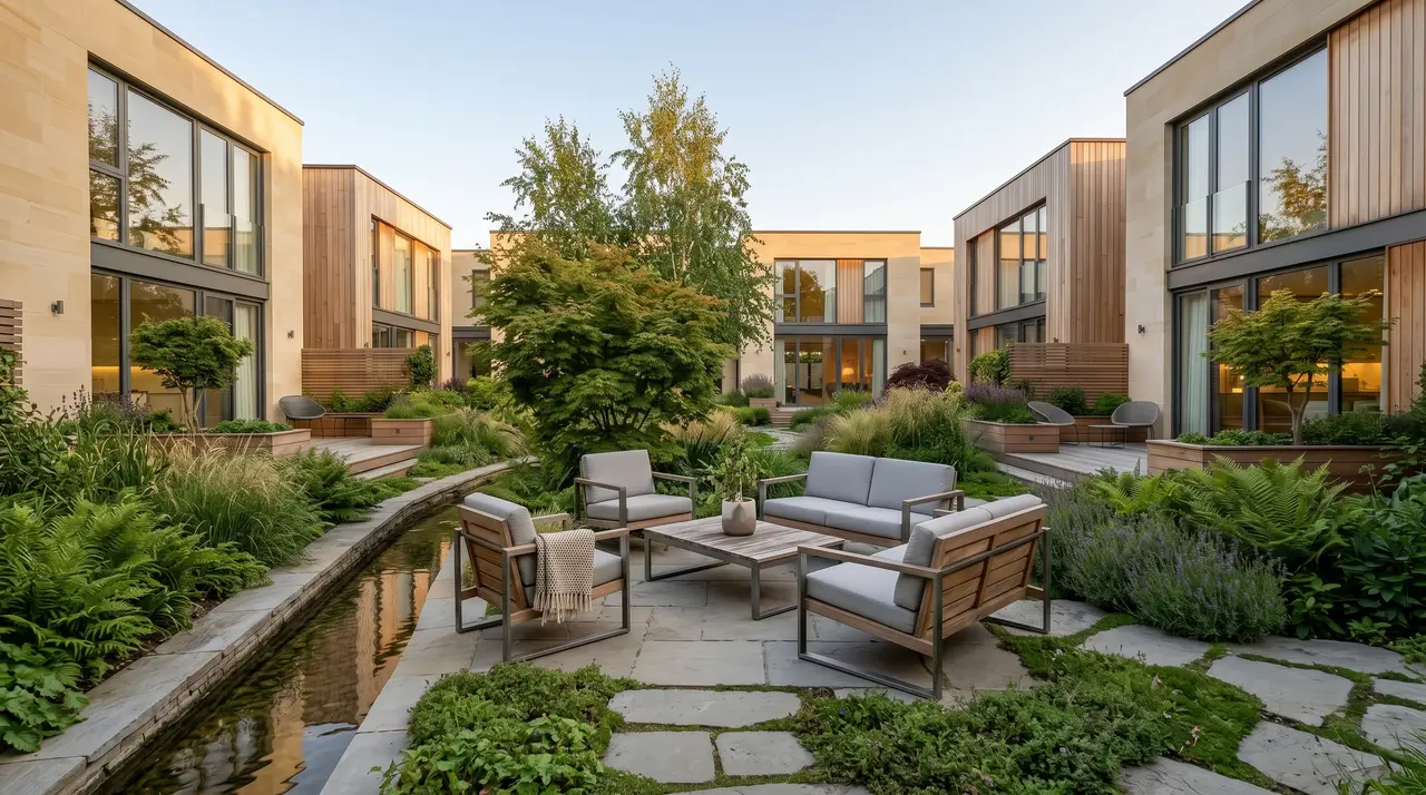 Outdoor seating in the courtyard beside the water rill, with the homes around it