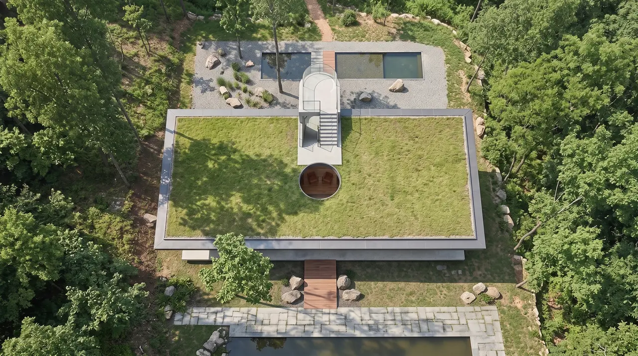 Aerial view of the pavilion's green roof among trees beside the inlet