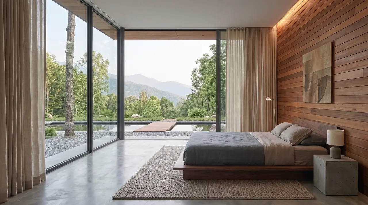 A bedroom with floor-to-ceiling glass looking out over the water and wooded hills
