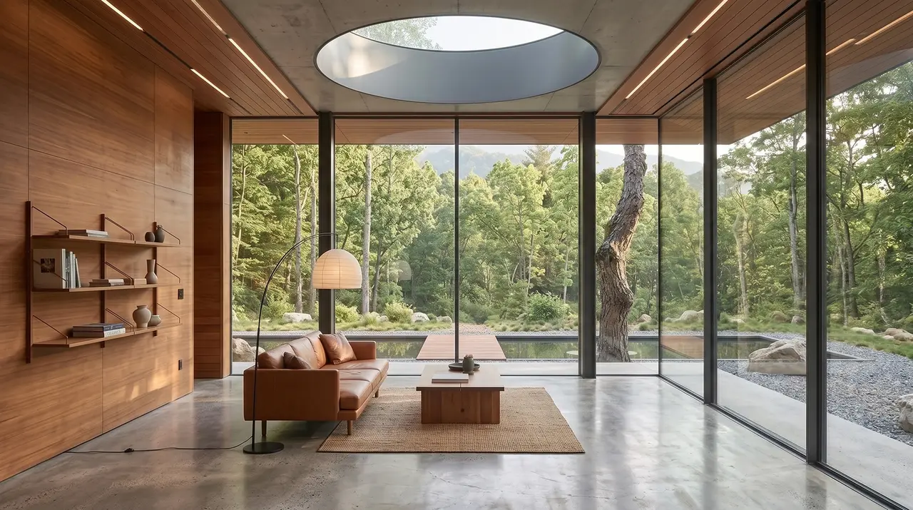 The living room under a round skylight, with timber walls and full-height glazing onto the forest