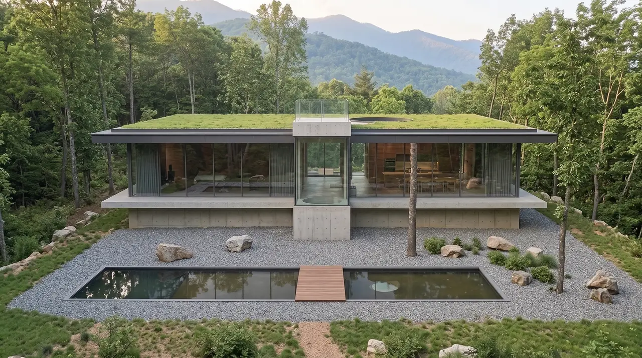 The pavilion seen from the garden, its green roof and glass walls set among trees above a still pond