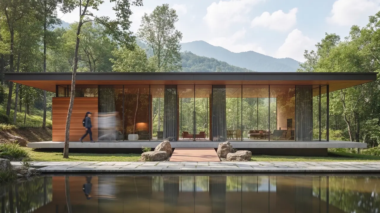 Glass pavilion with a timber wall and a deep roof beside a still pond, with forested mountains behind