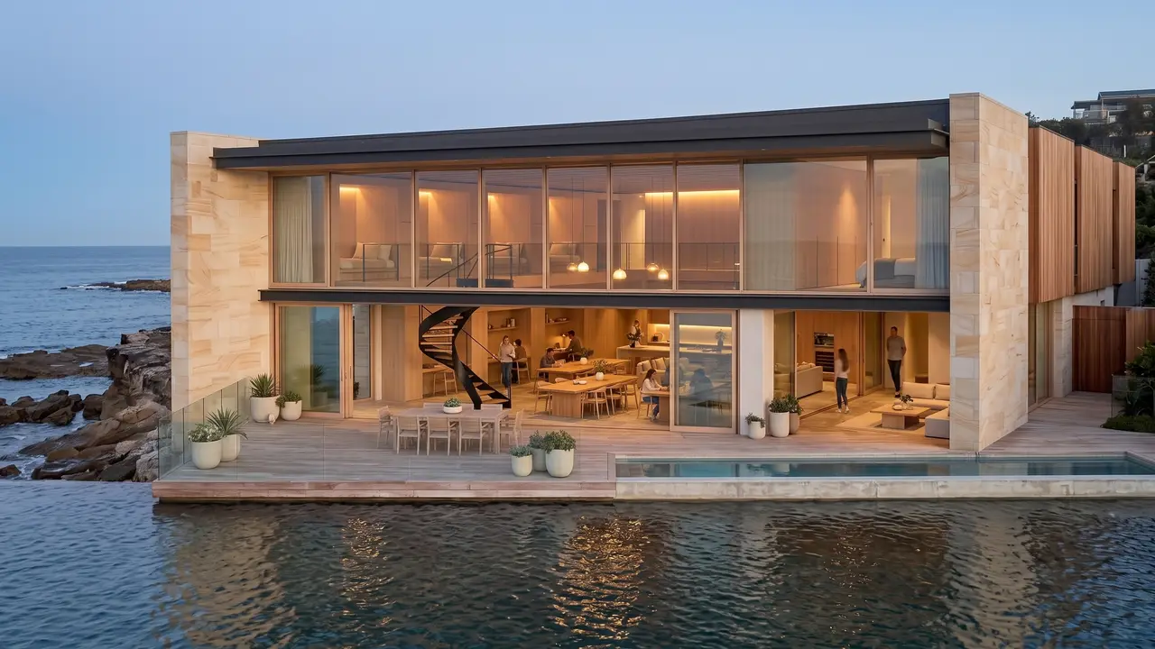 Two-storey sandstone and glass residence on the waterfront at dusk, with people working and dining inside