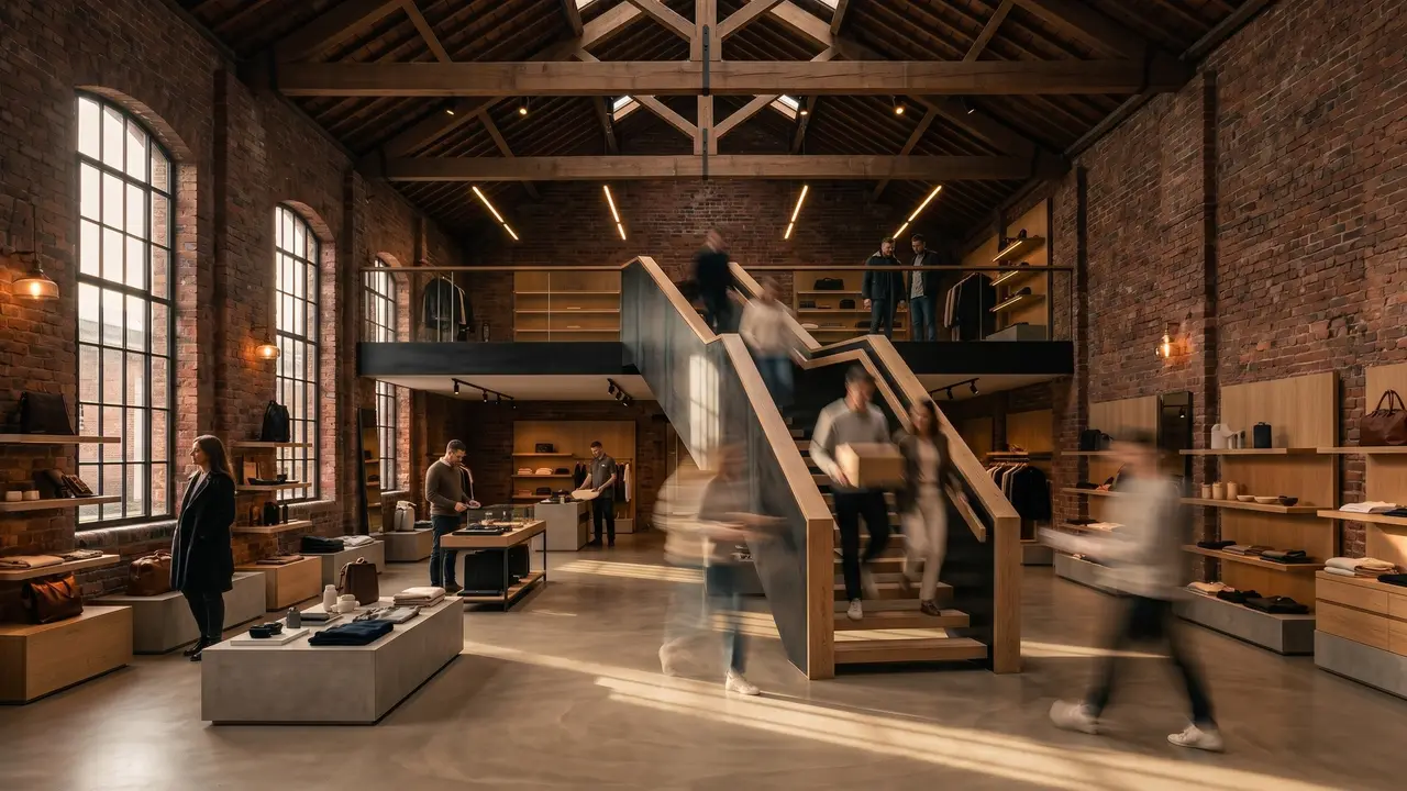 Brick warehouse with exposed roof trusses converted into a retail interior with a timber staircase