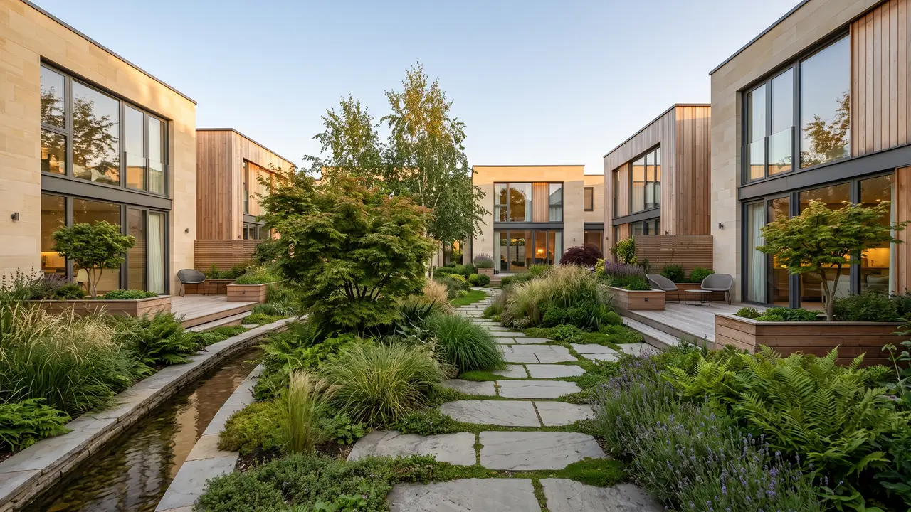 Courtyard garden with a stone path and a water channel between timber and sandstone homes