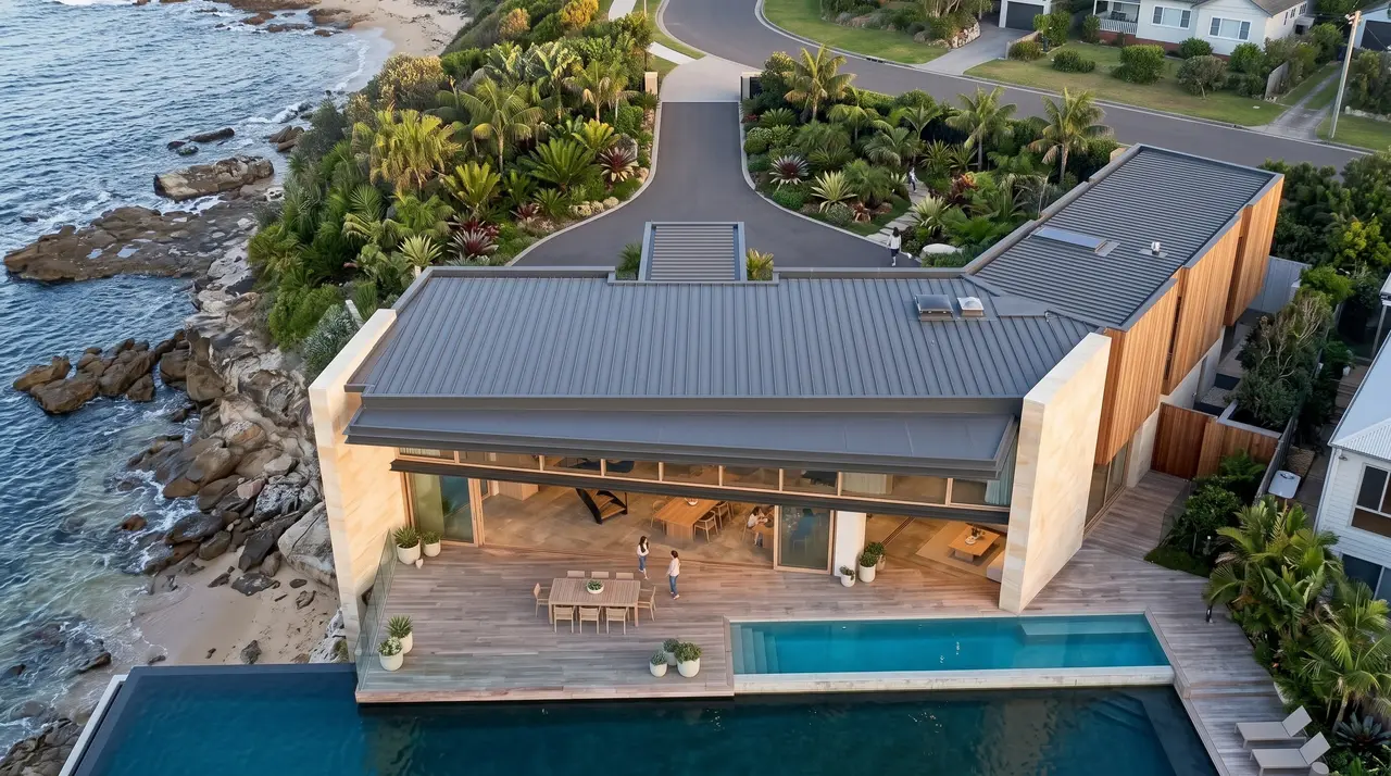 Aerial view of the house on the rocks, its pool and terrace facing the ocean
