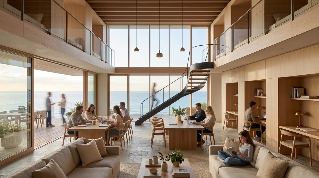 The double-height shared interior, with a spiral stair and the sea beyond the glazing