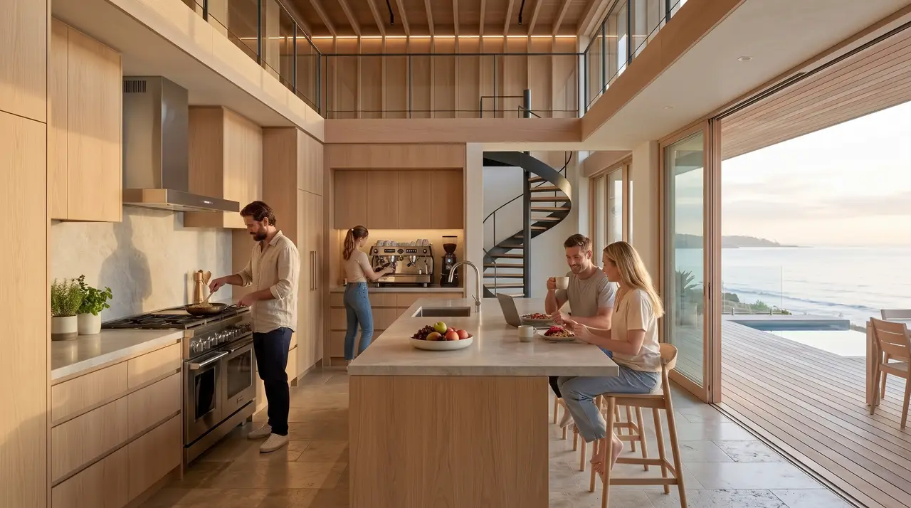 Residents cooking and eating breakfast at the kitchen island, the coast visible outside