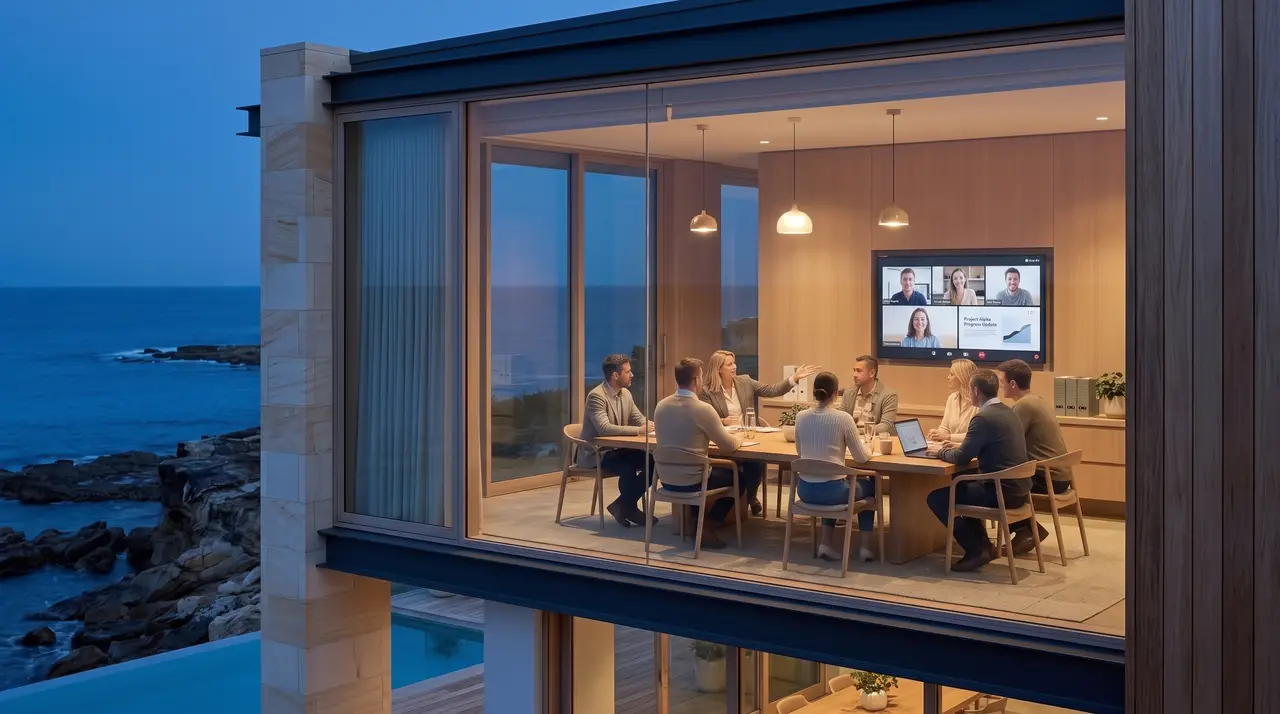 A meeting around a long table in a glazed room looking out over the sea