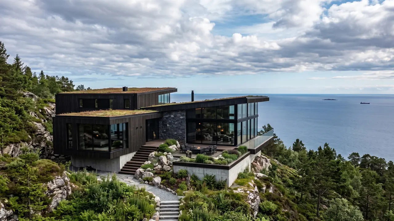 Dark timber house with a green roof on a forested cliff above the sea