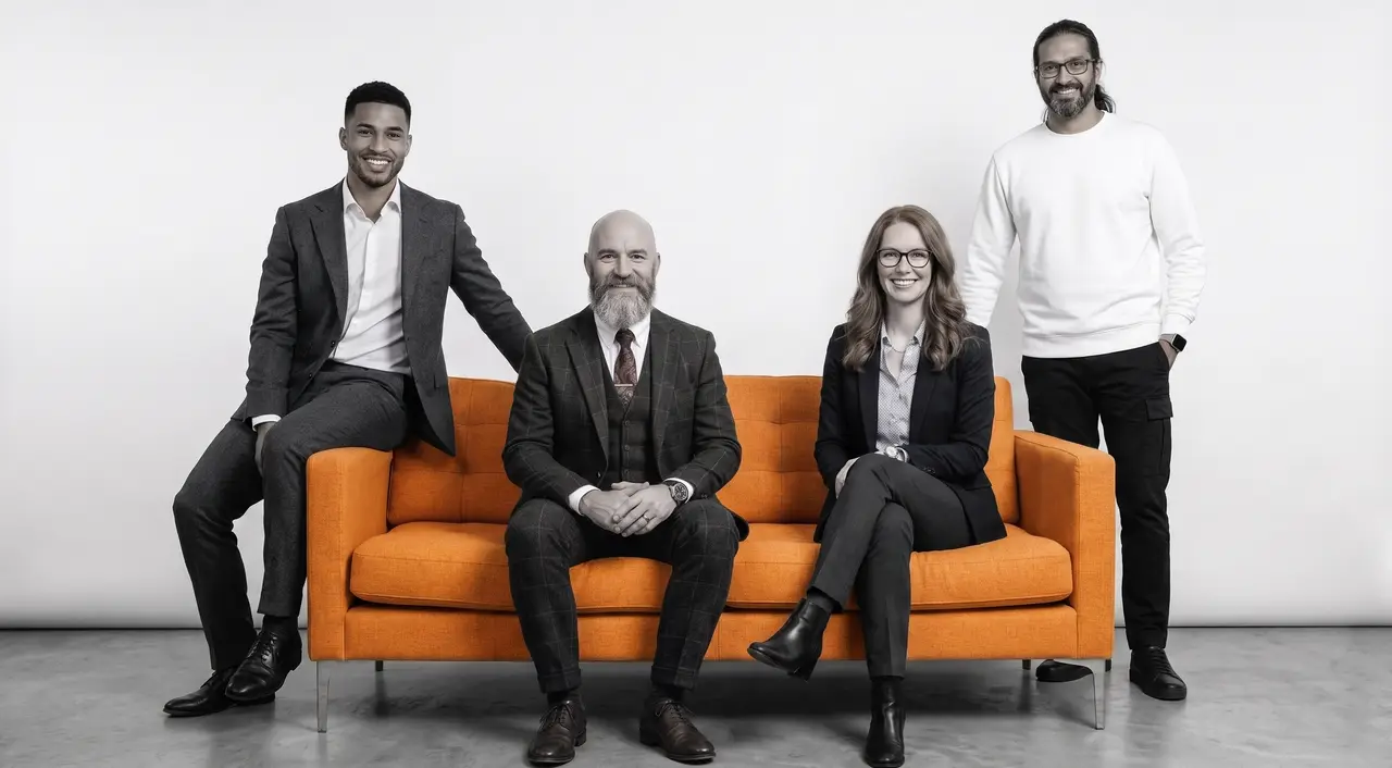 The four members of the ROKU team gathered around an orange sofa