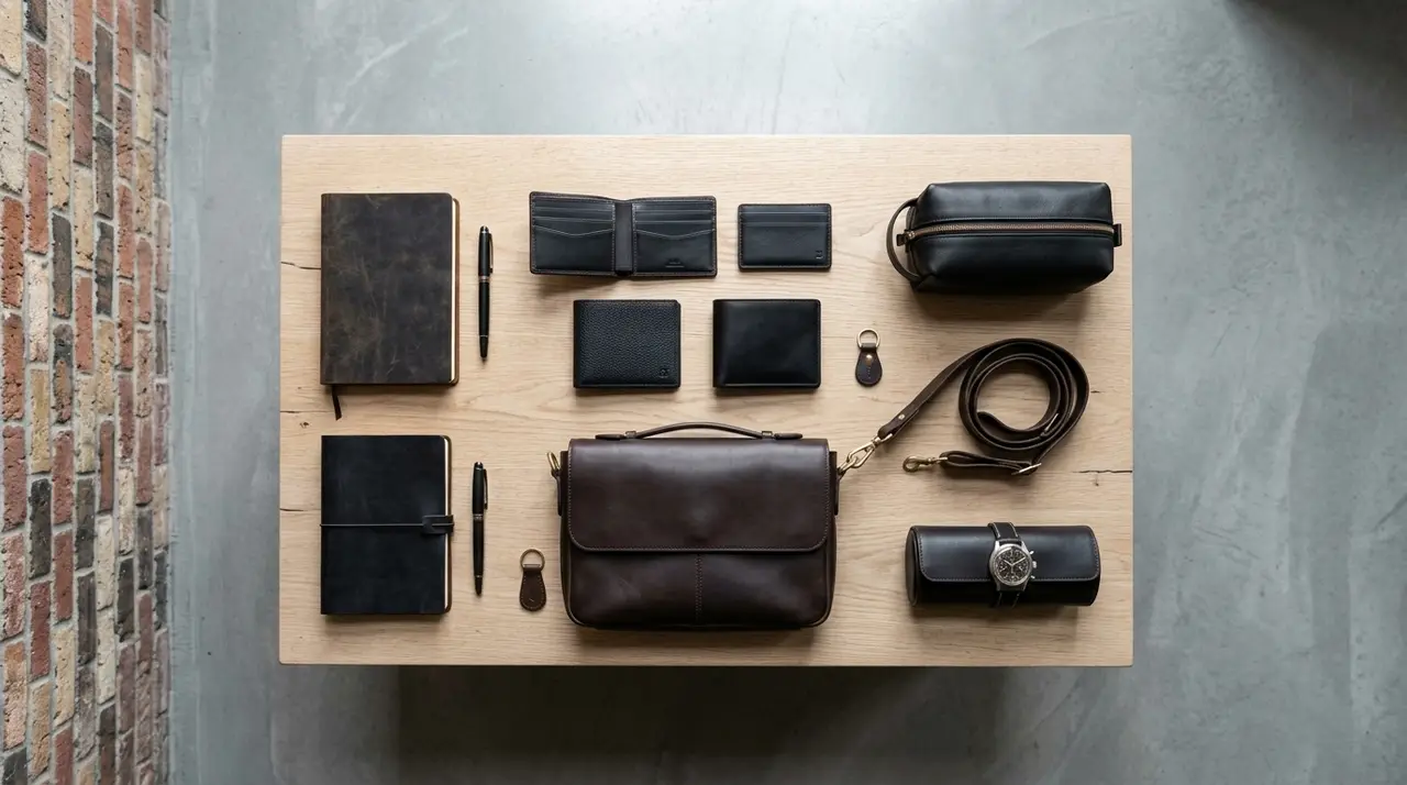 Leather goods laid out on a timber table against polished concrete and brick