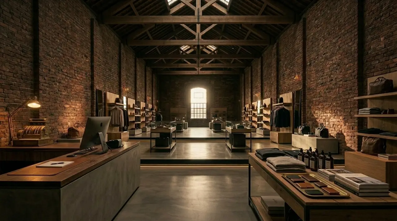 The raw warehouse interior before fit-out, exposed trusses above a long brick aisle