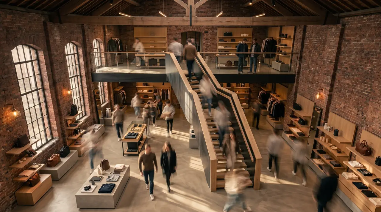 The inserted oak stair and mezzanine inside the brick shell, shoppers moving through the store