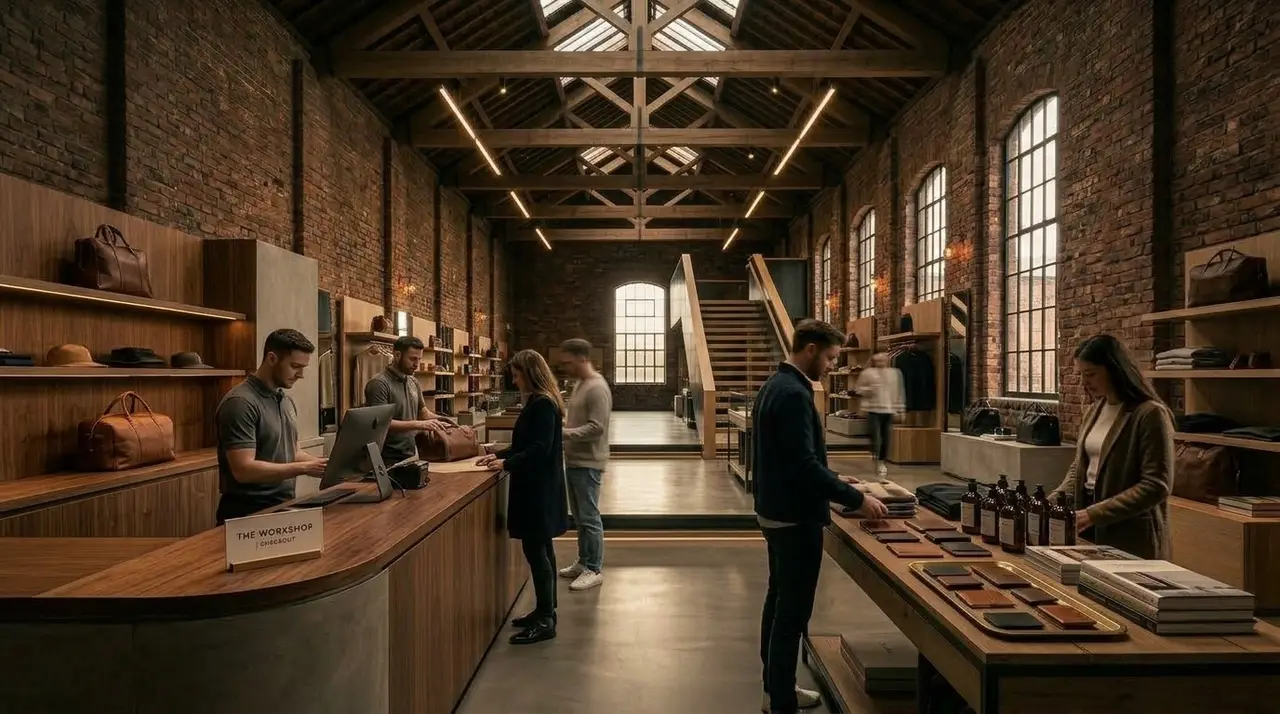 Staff and customers at the counter in the finished store beneath the timber trusses